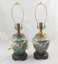 Pair of Antique Chinese Grey Crackle Glazed Ginger Jar Lamps Hand Painted 18"