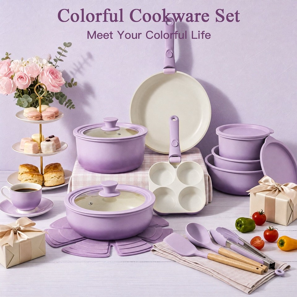 21pcs Ceramic Cookware Sets, Pots and Pans Set Nonstick with Removable ...