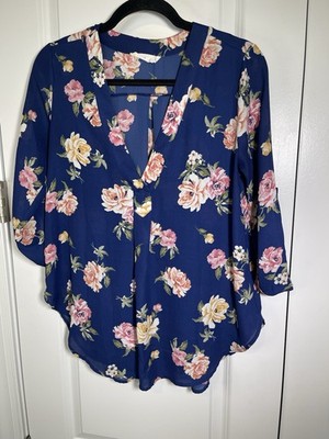 Lush Floral Print Blouse Roll-Tab Sleeve V-Neck Navy Top Casual Career Sz XS