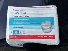 Cardinal Health Underwear 20 count SURE CARE Plus Heavy Absorbency S/M (34"-46")