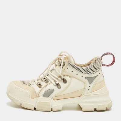 Gucci Sneaker weiß grau Leder und Mesh Flashtrek Schnürschuhe Größe 37