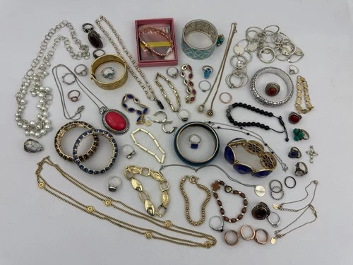 Vtg Costume Jewelry Lot Rings, Bracelets, Necklaces Silver/ Gold Tone 50+ Pieces