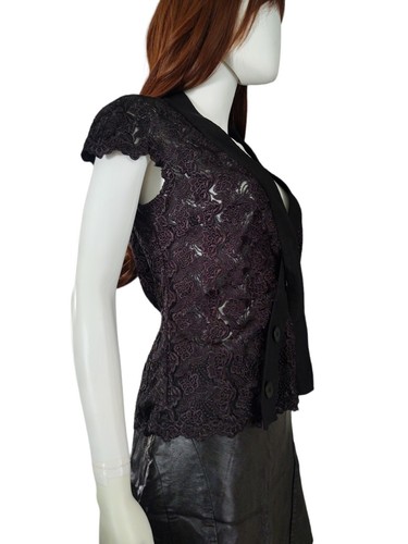 BeBe Crochet Encaje Cuello en V Snap Envoltura Peplem Gorra Manga Negro Informal Formal Top Med - Imagen 3 de 11