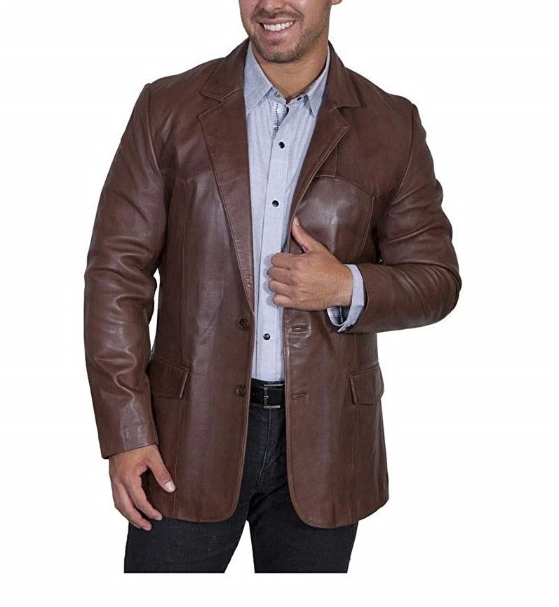 Leather Blazer Jacket Men's Coat Lambskin Soft Men Two Real Button 100% Brown 51