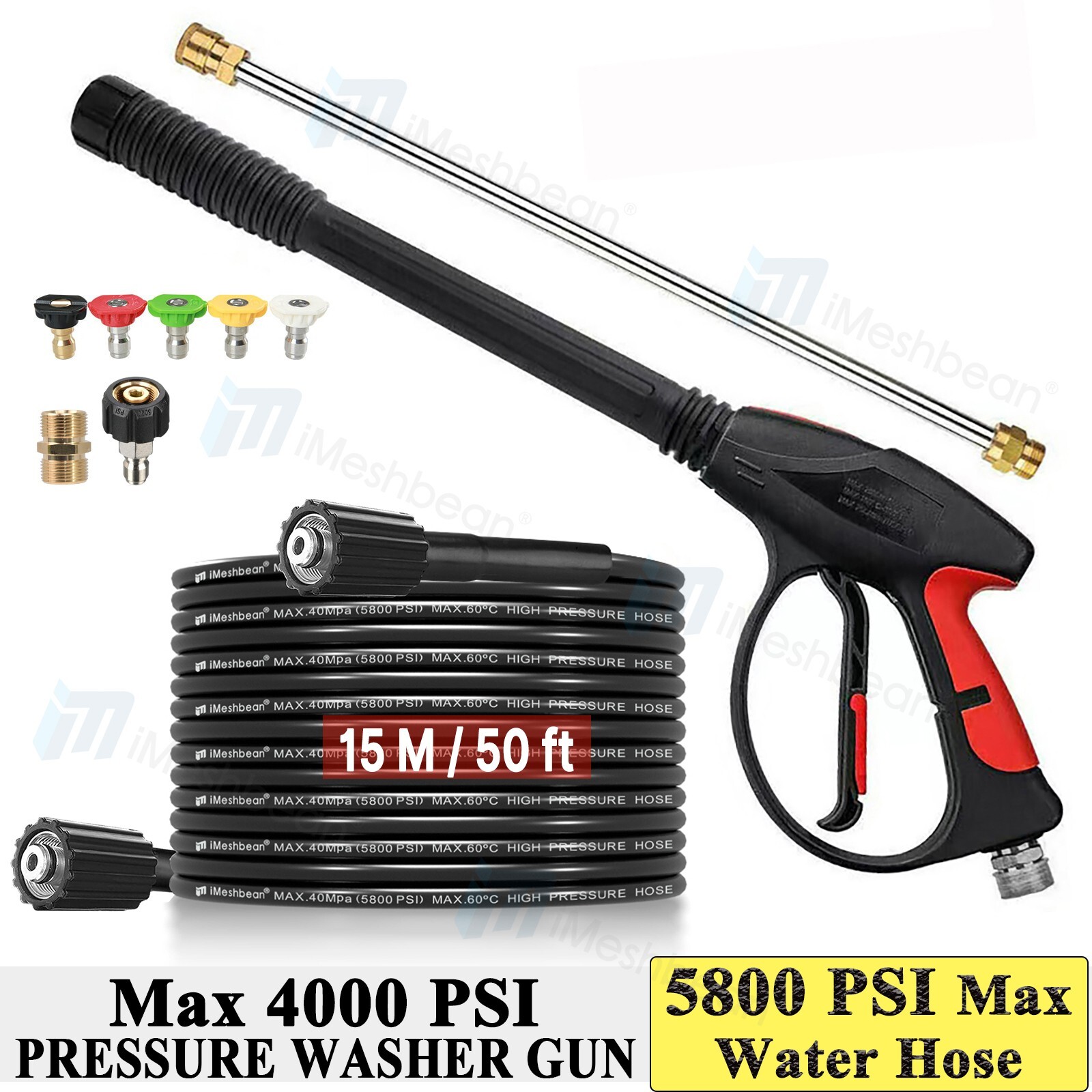 High Pressure 4000PSI Car Power Washer Gun Spray Wand Lance Nozzles+Hose M22&3/8