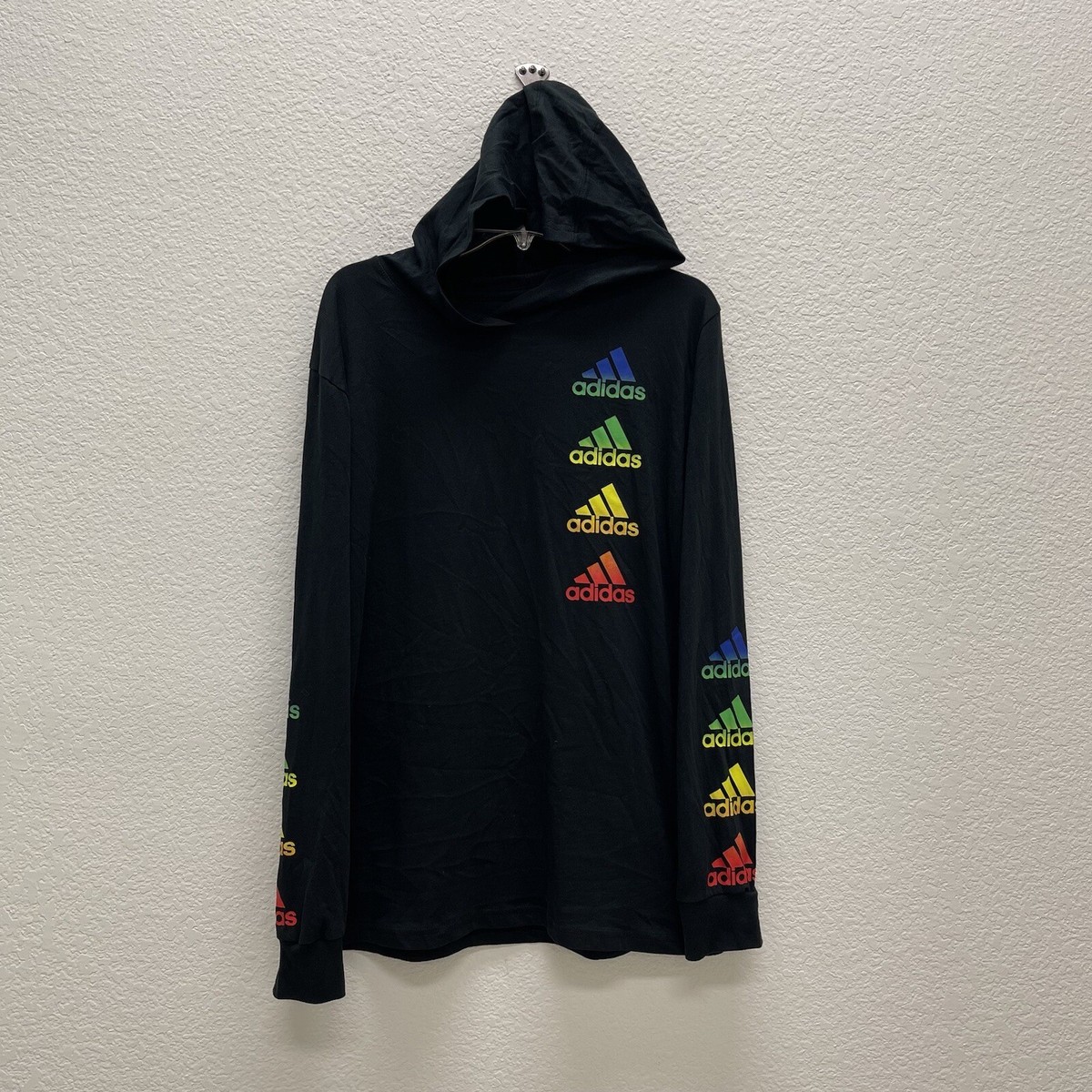 ADIDAS Hoodie Shirt Youth L 14/16 Black Rainbow Sleeve 100% Cotton Pullover
