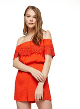 Ex Miss Selfridge Women's Short Sleeve Lace Detail Off Shoulder Playsuit- Orange