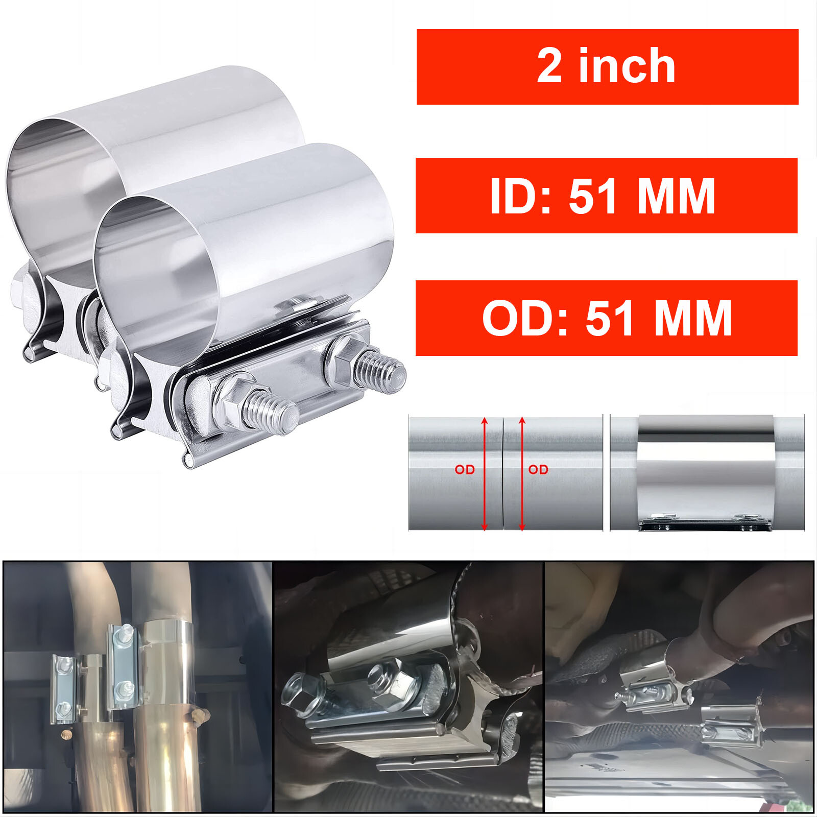 2x 2.5 Inch Butt Joint Exhaust Band Clamp Sleeve Stainless Steel Exhaust Clamp O - Foto 7