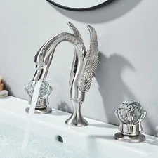 Brushed Nickel Swan Widespread Bathroom Faucet 3Hole Vanity Basin Sink Mixer Tap
