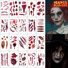 154 PCS Halloween Scar Temporary Tattoos - Horror Realistic Fake Bloody tattoos