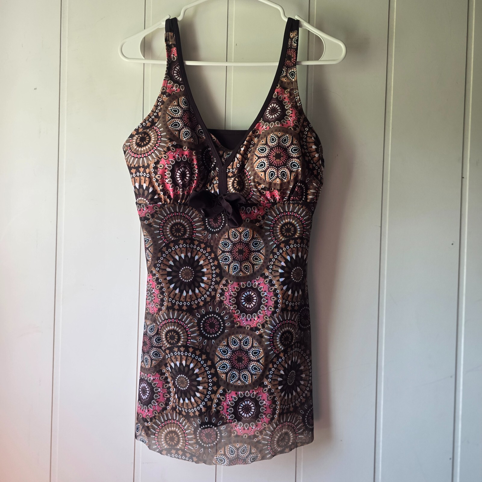 One Piece Swimsuit with Semi- Sheer Dress Overlay Women's Paisley Brown Pink LG-image