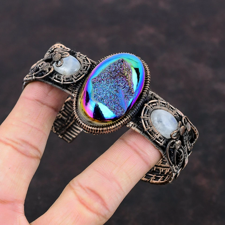 Gift For Her Titanium Druzy Wire Wrapped Adjustable Bangle Copper Jewelry - Image 3 of 4