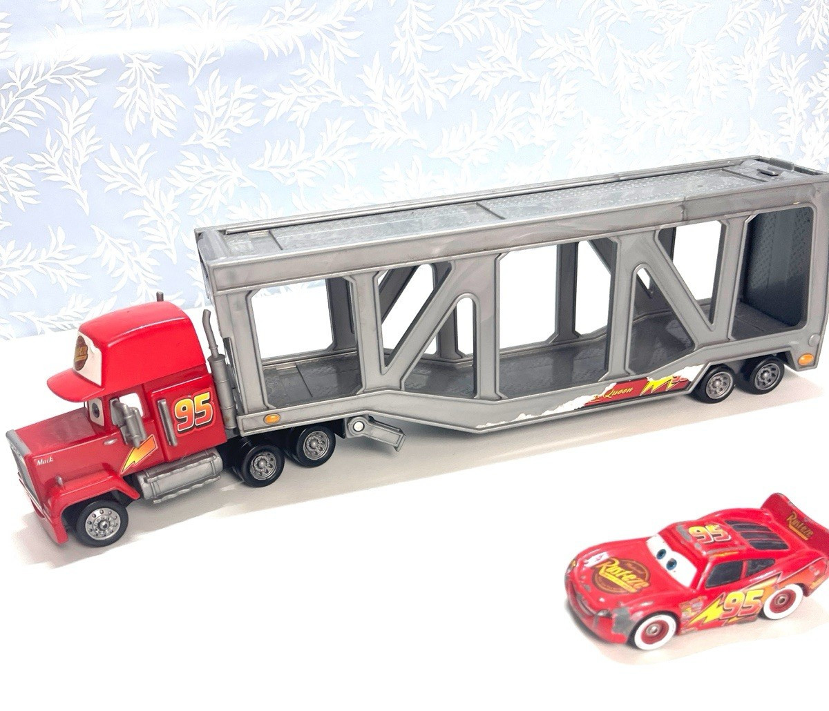 Mack Transporter Disney Cars Lightning McQueen 13” Truck Hauler and Car  Bundle