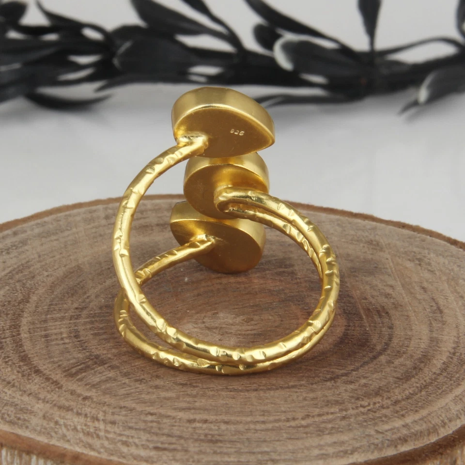 Three Stone Labradorite Spiral Ring 925 Silver Gold Plated Adjustable Gift Ring - Image 3 of 4