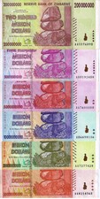 Rare Zimbabwe 200 Million To 50 Billion Dollars 6 Different Notes Set