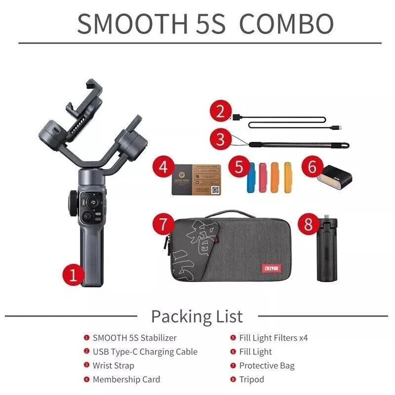 Zhiyun Smooth 5S Combo Gimbal-Stabilisator 3-Achsen-Telefon-Gimbal +Fülllichtern - Bild 2 von 4