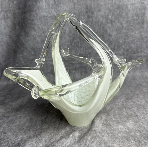 Vintage Murano MCM Centerpiece Basket Art Glass Stretched Glass White 8 1/2”