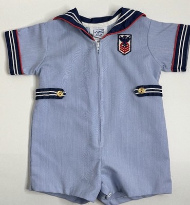 Vtg Little Bit USA Baby Boy Blue Sailor One Piece Jumper Romper Outfit Sz 6-9 Mo
