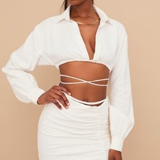 house of cb iris off white linen cotton wrap around cropped shirt top