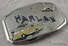Vintage Silver Hook Fast Firefighter Belt Buckle Harlan Fire Truck
