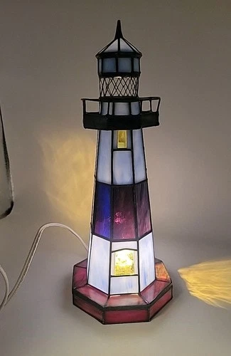 Vtg Tiffany Style Stained Glass Lighthouse Lamp 11" Nautical Night Light Accent