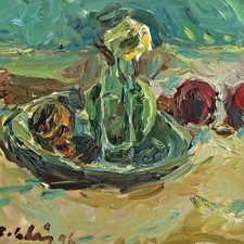 Roland Ladwig Stillleben Öl auf Leinwand Äpfel Rose Glas Schale 1996 sign Leiste