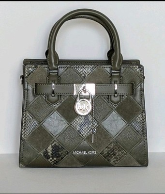 NWT Michael Kors Hamilton Small Satchel Bag Olive Green Snake Embossed Patch NWT