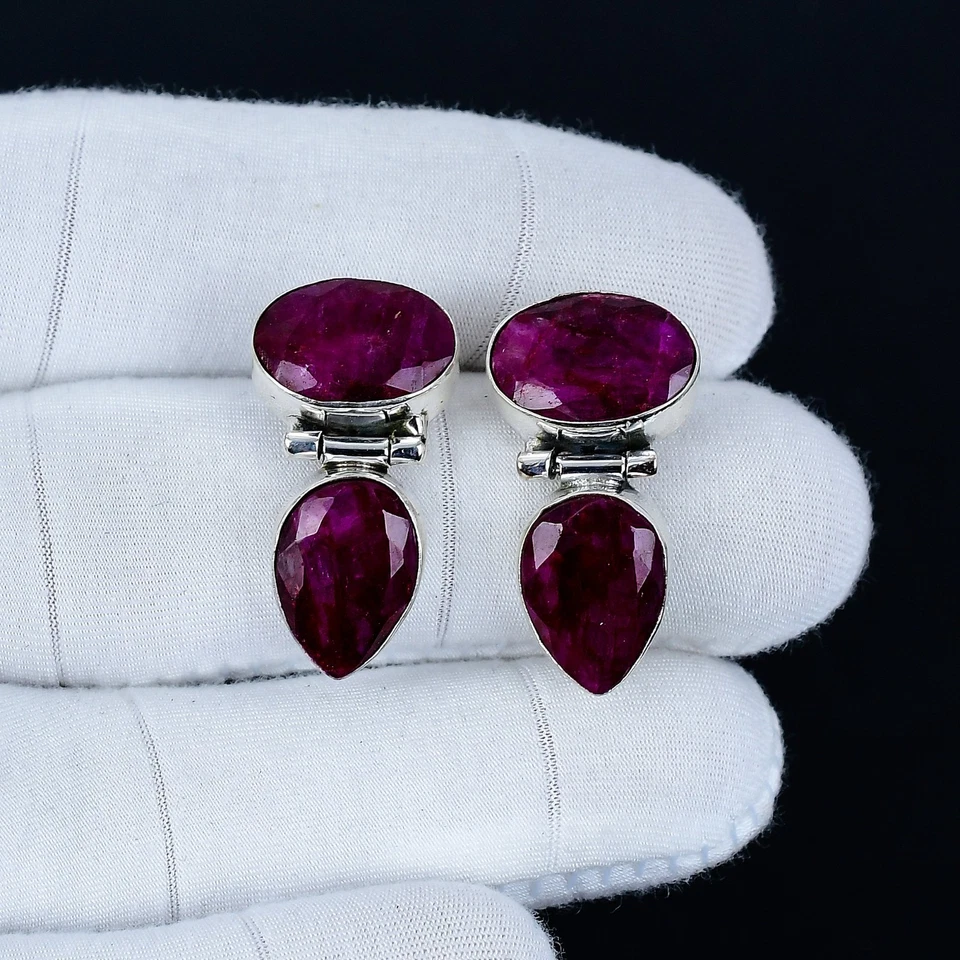 Kashmir Rubino Creato IN Laboratorio Orecchini 925 Argento Gioielli Per Birthday - Immagine 2 di 4