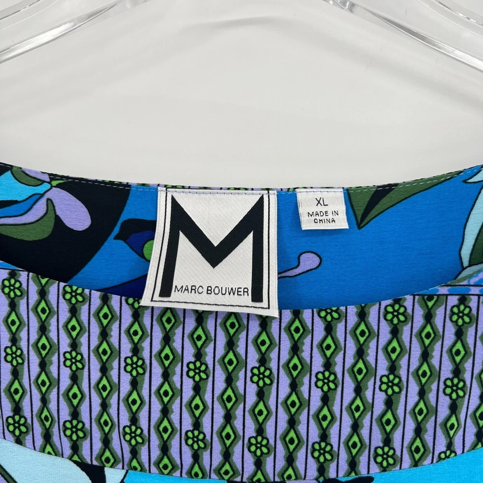 Marc Bouwer Dress Womens XL Retro Floral 70s Blue Tropical Hippie Shift - Image 4 of 4