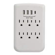 CP 6-outlet Wall-Tap w/ 3-Port USB-A & 1-Port USB-C Chargers, White, CP30007