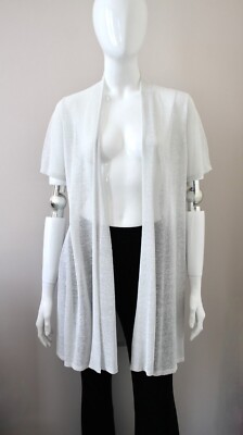 EILEEN FISHER feine Bio Leinen Krepp Schimmer Knochen Strickjacke Kurzarm M Neu mit Etikett