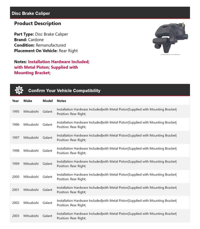 Pinza de freno de disco trasera derecha cardone 1996 1997 para Mitsubishi Galant 1995-2003 Foto 2 de 4