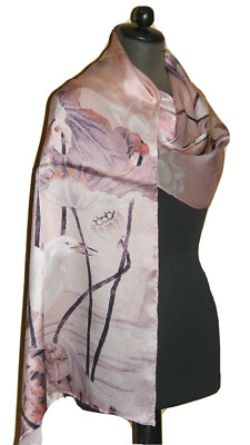 Schal Tuch Seide 100% mulberry silk satin High Quality Lila Geblümt 175 x 52 cm