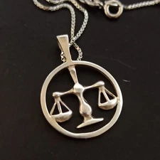 Vintage Libra Zodiac Necklace 925 Silver Men Women Round Medallion Astrology VTG