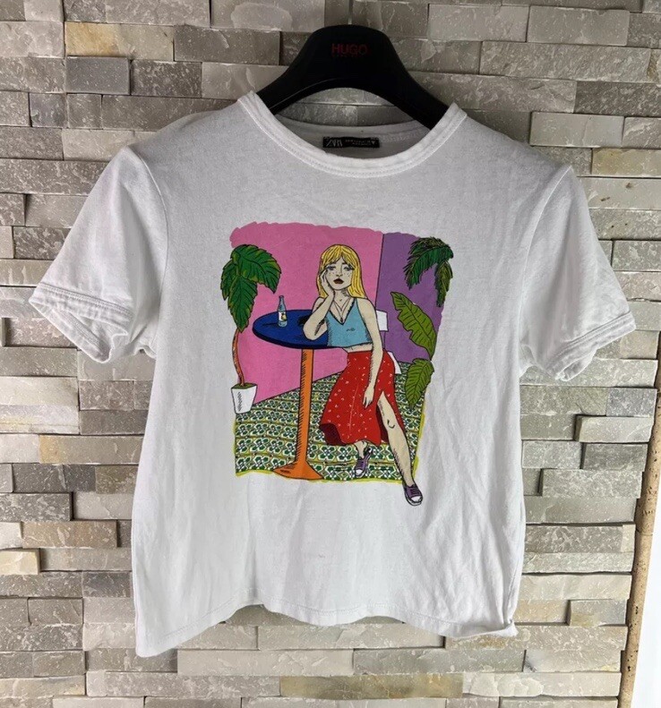 Zara Womens Medium White Graphic Print T-Shirt Blouse Top