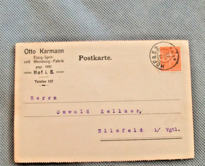 Alte Postkarte  Otto Kermann Hof i. B. - Ellefeld  19.Juli 1922