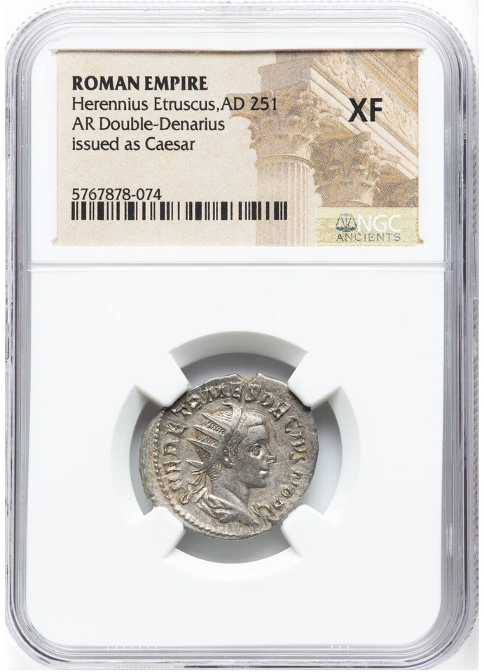 Herennius Etruscus as Caesar NGC XF Apollo Silver Ancient Roman Coin RARE! D119 - Image 3 of 4
