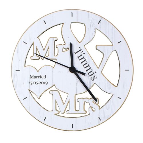 Horloge personnalisée en bois comprimé forme Mr & Mrs cadeau de mariage anniversaire - Photo 1/5
