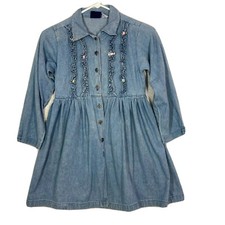Vintage Dress Girls Small Denim 90s Long Sleeve Blue Flowers Ruffle Button Jeans