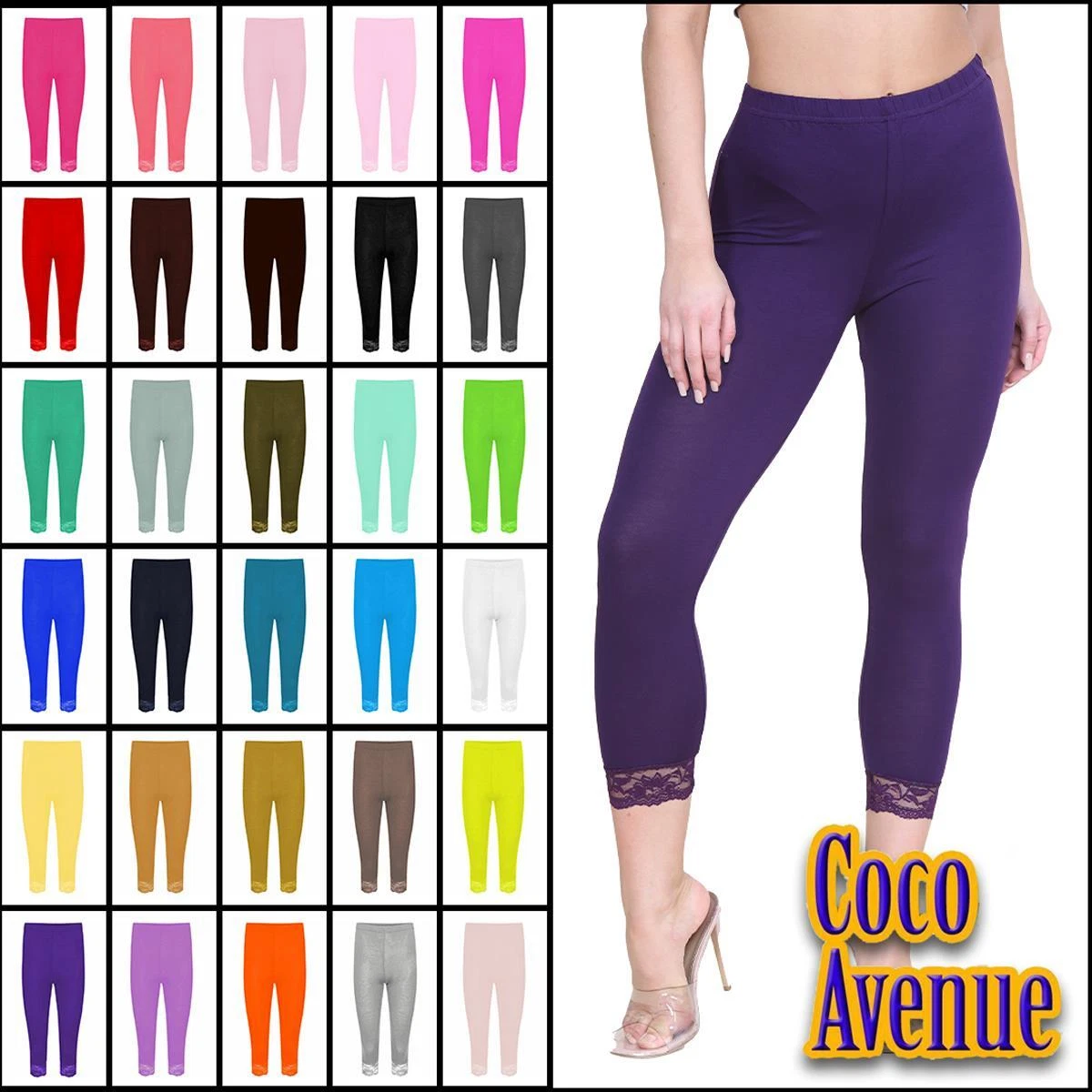 Ladies Plain Lace Trim 3/4 Leggings Capri Skinny Cropped Yoga Gym Jogging  Pants