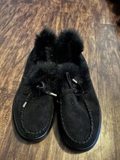 Women  s Black Suede Moccasin Slippers Size 6 Slip-On Faux Fur Lined Fur Trim