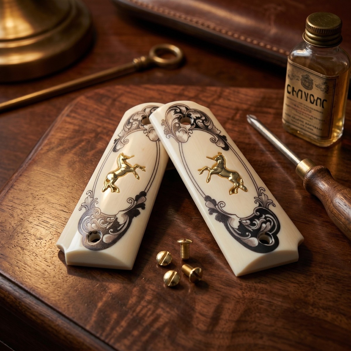 1911 Grips Full Size Ivory Pearl Gold Rampant Colt Horse Medallion