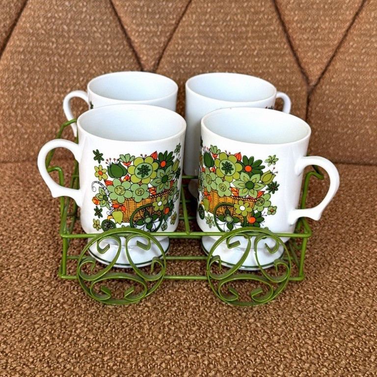 Vtg Flower Cart Japan Pedestal Mugs Set 4 + Wire Caddy MCM Retro Floral 60s 70s