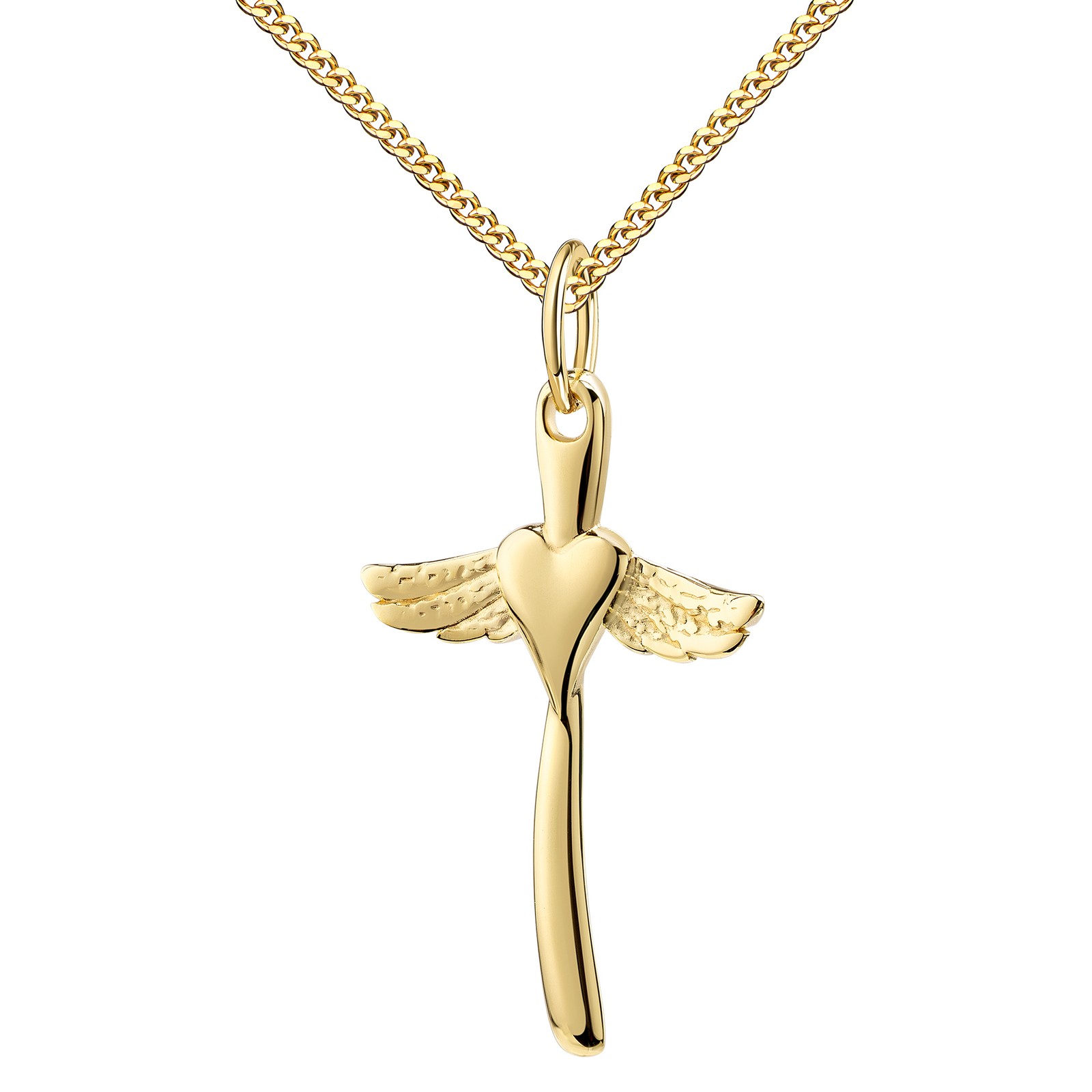 Goldkreuz Anhänger Gold 585 mit Herz und Engelsflügel + Kette oder ohne Kette