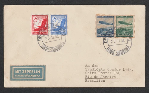 Germany 1936 Cover Graf Mit Zeppelin Europa Sudamerika to Rio de Janeiro Brazil