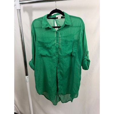 L.I.F.E. Love is for Eternity Green Open Back Tie Button Down Shirt Womens Med