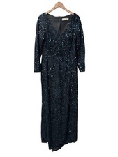 Ieena Mac Duggal Sequined V-Neck Long Sleeve Gown Maxi Dress Blue Black 12