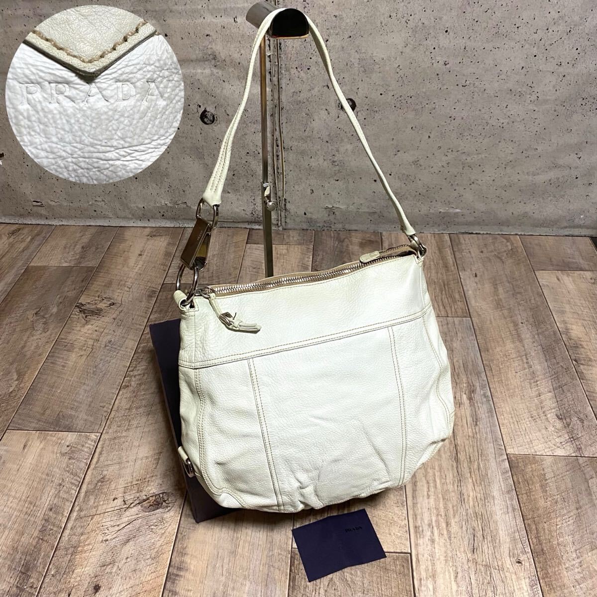 PRADA Logo Leather One Shoulder Bag White Off White Handbag Tote Bag Leather Ba