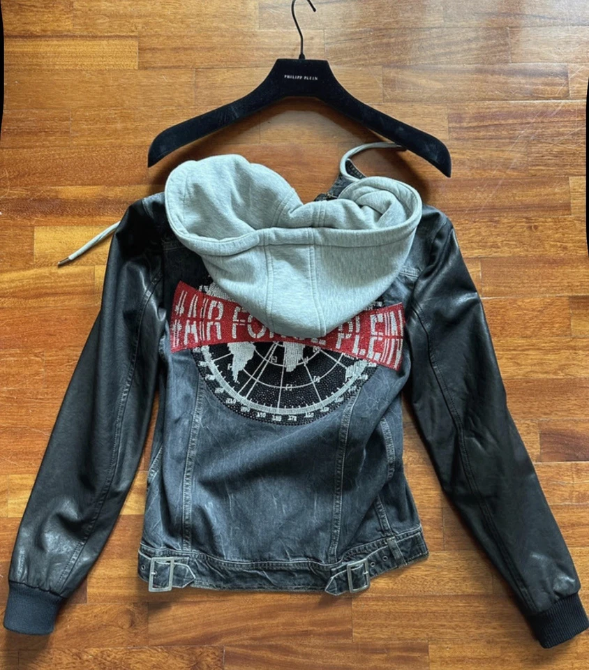 PHILIPP PLEIN Air Force Plein Denim Hoodie Leather Jacket S – Limited Edition – Foto 3 de 4