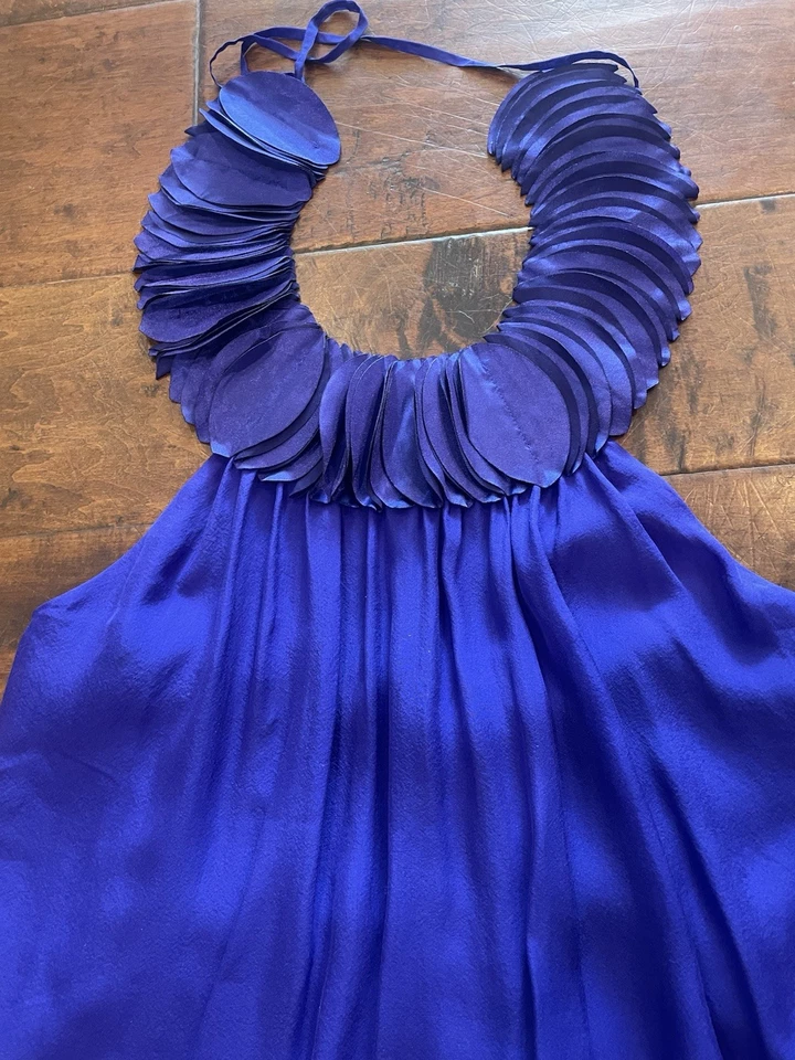 Новый Marciano Sz S синий фиолетовый шелк с бретелью через шею ярусный атласный воротник детали с подкладкой платье - Изображение 2 из 4